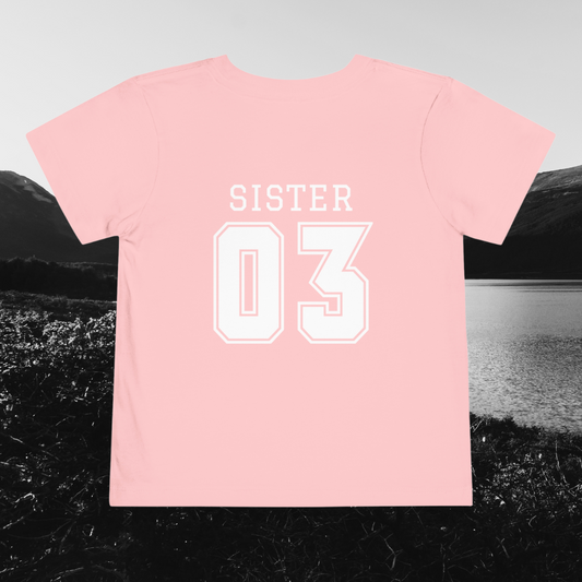 "Sister Team Heart Hands #3" Toddler Unisex Short Sleeve Tee (front and back)