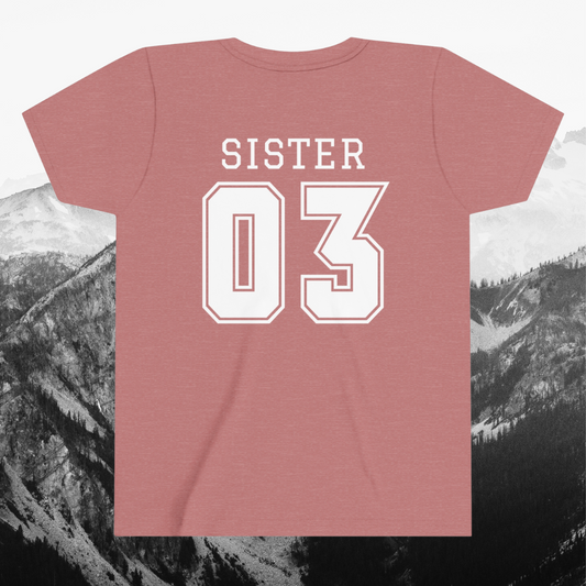 "Sister Team Heart Hands #3" Youth Unisex Short Sleeve Tee (front and back)