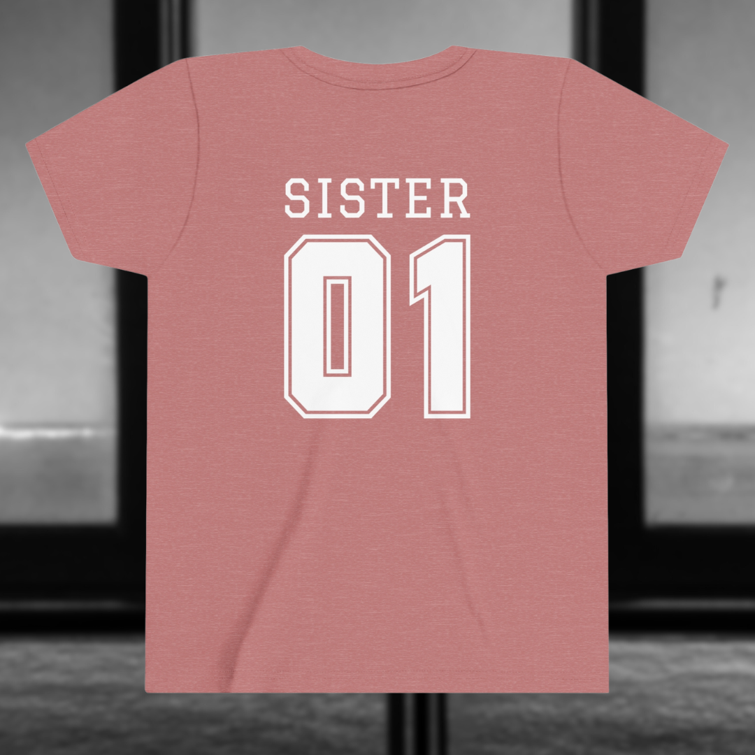 "Sister Team Heart Hands #1" Youth Unisex Short Sleeve Tee (front and back)