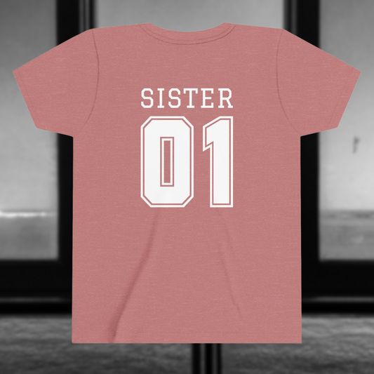 "Sister Team Heart Hands #1" Youth Unisex Short Sleeve Tee (front and back)